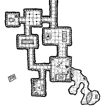mad mag dungeon map for DnD or Shadowdark, black and white, hand drawn
